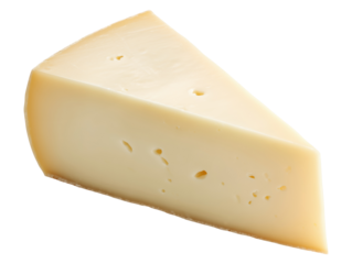 Triangular wedge of pale yellow cheese with smooth texture, isolated on transparent background