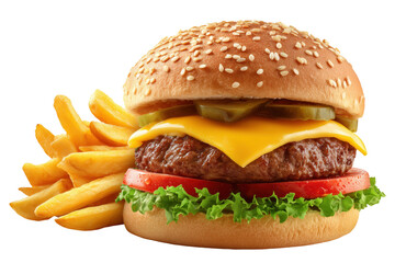 Cheeseburger with cheese, lettuce and sesame bun served with french fries, isolated on transparent background