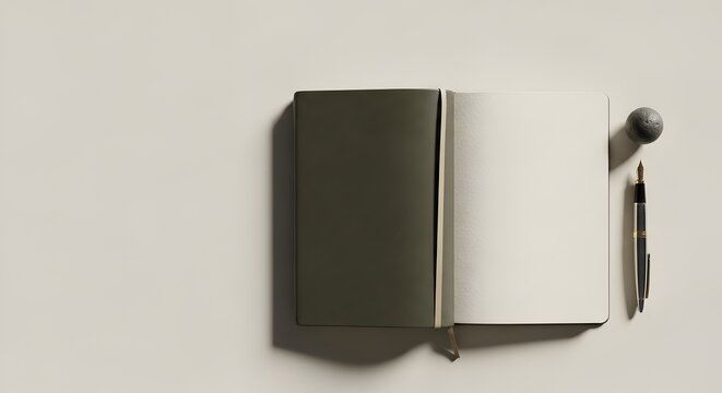 Open notebook with blank pages fountain pen and stone minimalist background flat lay style