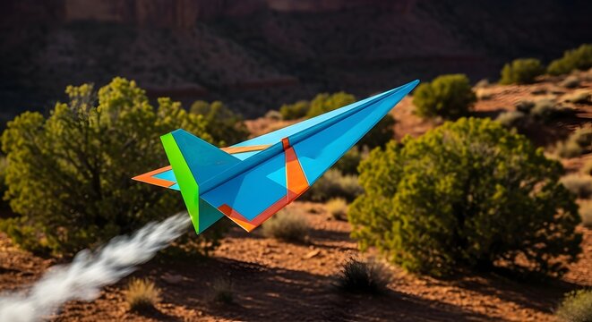 Paper airplane soars above the desert landscape in vibrant blue green and orange design - Powered by Adobe