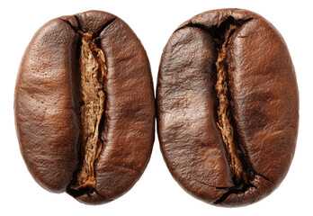 Two roasted coffee beans showing detailed texture, isolated on transparent background