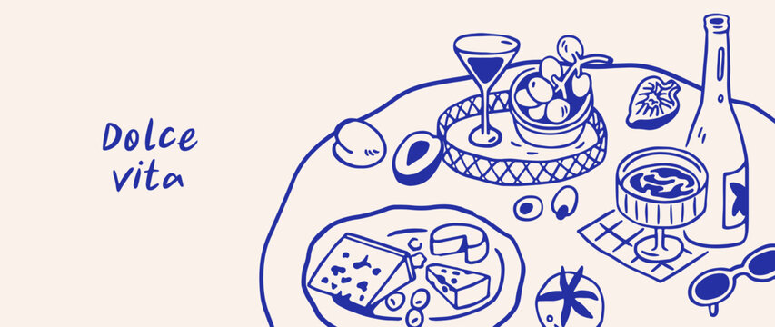Dolce vita banner design with Italian food, snacks on table. Italy cuisine, summer holiday background with doodle-style Mediterranean kitchen, wine bottle and cheese. Hand-drawn vector illustration