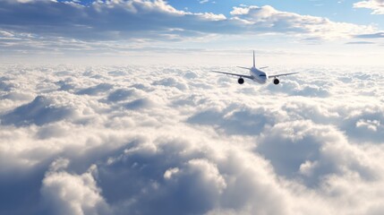 Obraz premium Commercial airplane flying high above dense white fluffy clouds under a bright blue sky