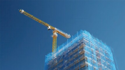 Construction crane and skyscraper wrapped in blue netting
