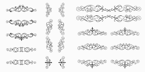 Collection of elegant black ornamental dividers and decorative elements on a white background