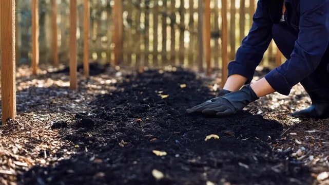 Medium shot of mixed hardwoods biochar being applied in a garden bed showcasing ecofriendly soil amendment for improved crop yields.