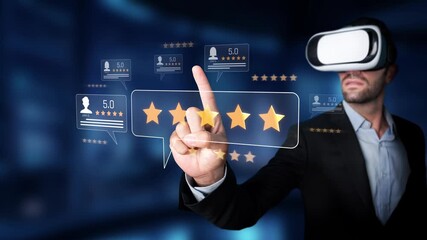 A businessman in a VR headset interacts with a virtual interface, rating products with glowing stars. This scene captures the essence of tech innovation and digital engagement. Raster - Powered by Adobe