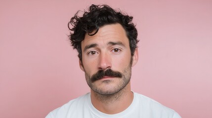 Obraz premium Spanish man with a mustache and beard poses for a casual portrait against a pink background during daylight hours, showcasing his relaxed demeanor and style