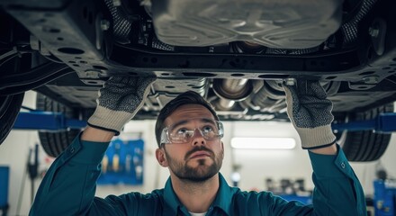 Mechanic inspecting car chassis wearing protective eyewear and gloves in auto repair shop