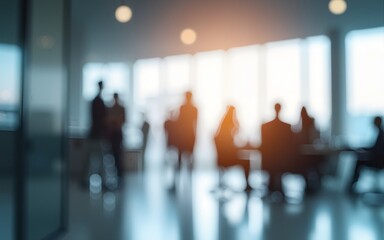 Abstract blurred interior modern office space with business people working banner background with copy space. High quality