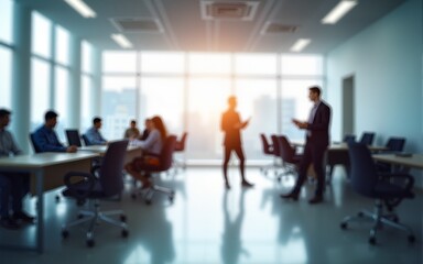 Abstract blurred interior modern office space with business people working banner background with copy space. High quality
