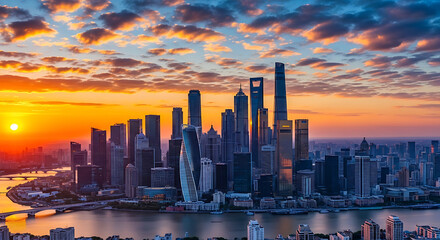 Panoramic shanghai pudong skyline at vivid sunset with dramatic golden clouds reflecting on the winding huangpu river and modern skyscrapers