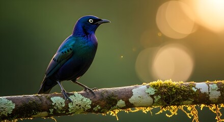 Naklejka premium Stunning iridescent starling perched on mossy branch in natural light setting wildlife photography