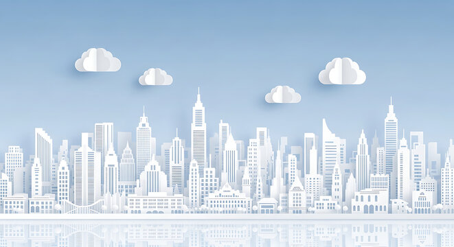 Paper cut art cityscape with modern buildings, skyscrapers, and a waterfront reflection under a serene blue sky and white clouds. - Powered by Adobe