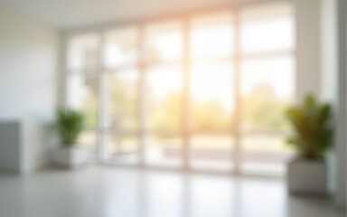 Blurred image of bright interior space with large windows and white walls. Ultra bokeh photo without focus with a soft and warm touch of light. High quality