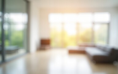 Blurred image of bright interior space with large windows and white walls. Ultra bokeh photo without focus with a soft and warm touch of light. High quality