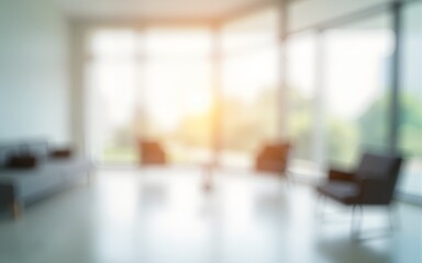Blurred image of bright interior space with large windows and white walls. Ultra bokeh photo without focus with a soft and warm touch of light. High quality