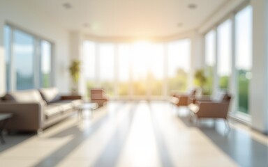 Blurred image of bright interior space with large windows and white walls. Ultra bokeh photo without focus with a soft and warm touch of light. High quality