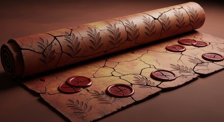 Antique parchment scroll with sealing wax and cracked texture
