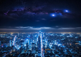 A breathtaking aerial view of a vibrant metropolitan cityscape illuminated at night, with towering skyscrapers under a spectacular starry sky showing the milky way.