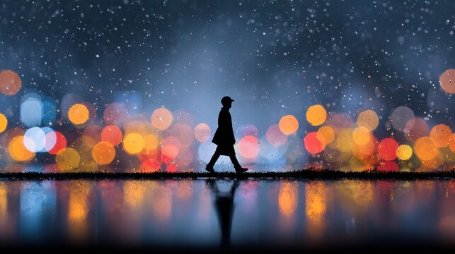 Silhouette of person walking in the rain with colorful bokeh lights moody atmospheric urban night scene wet street reflections cinematic city background for posters web banners and lifestyle designs - Powered by Adobe