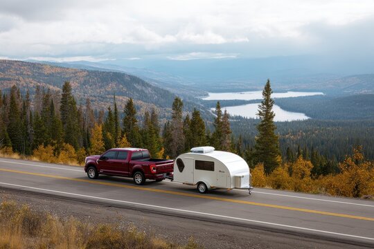 Red pickup truck towing a teardrop trailer along a scenic mountain road during autumn