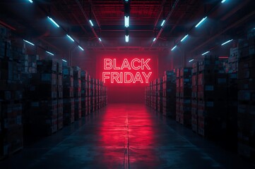 Dramatic red neon sign glowing black friday in a dark futuristic warehouse with blue lights and reflections
