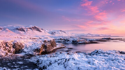 Snow Covered Rocky Coastline Under a Vibrant Pink and Purple Sunrise