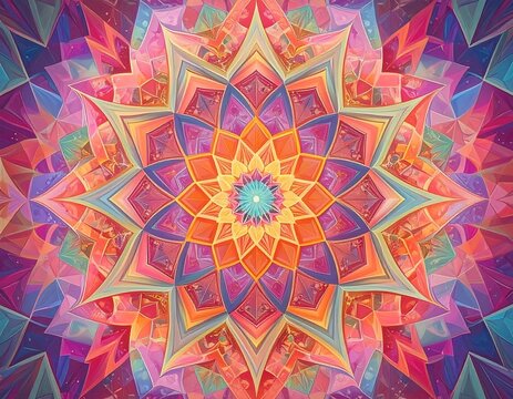 Vibrant kaleidoscopic star-shaped mandala