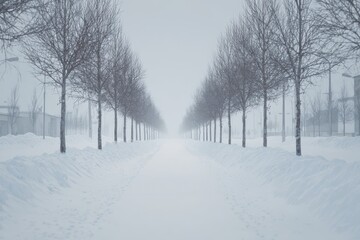 Snowy path lined with bare trees in a winter landscape