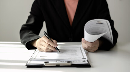 Business woman employer holding resume hiring recruit looking cv resume to hire candidates,...