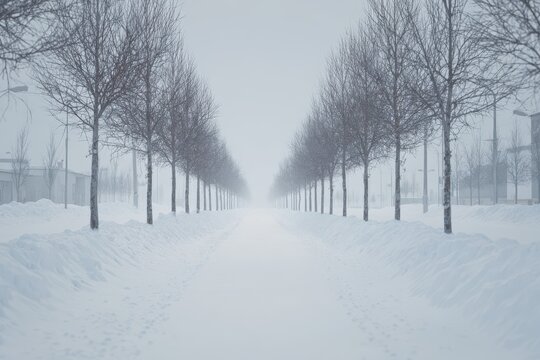 Snowy path lined with bare trees in a winter landscape
