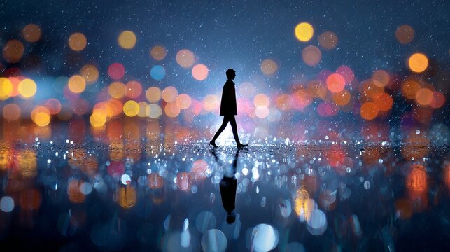Silhouette of person walking in the rain with colorful bokeh lights moody atmospheric urban night scene wet street reflections cinematic city background for posters web banners and lifestyle designs