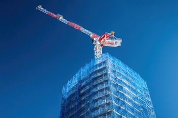 Tower crane above building covered in blue construction netting