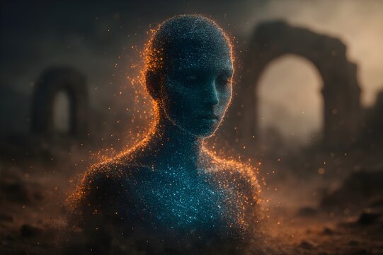 Mysterious glowing particle figure in ancient dusty ruins