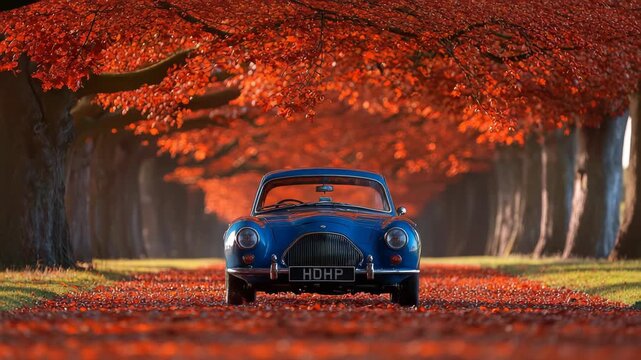 Classic car driving through autumnal tree lined avenue