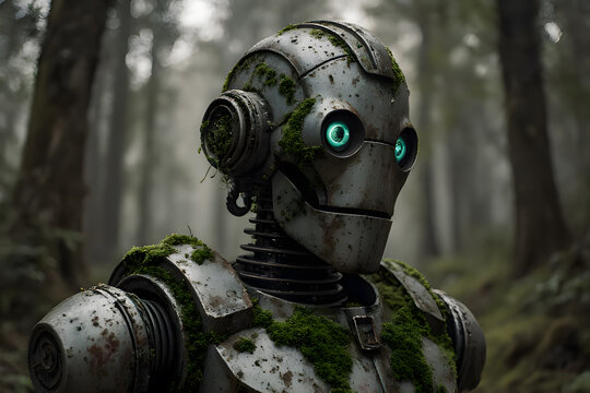 Abandoned, Moss-Covered Robot in a Misty Forest with Glowing Blue Eyes
