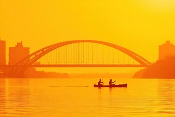 Obraz premium Two people canoe on a river at sunset with a large arched bridge