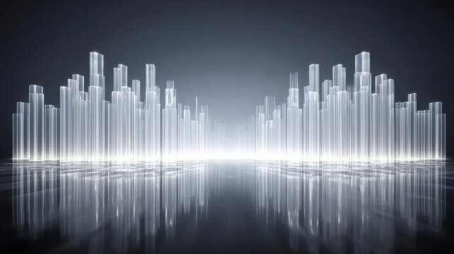 Abstract futuristic city landscape of glowing glass with reflections