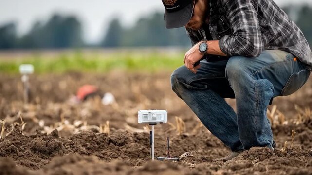 Field technician installing sensors in soil to enable AIpowered customized nutrient application tailored to individual plant needs.