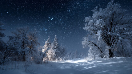Naklejka premium A winter wonderland landscape with snow covered trees and a starry night sky above the forest scene