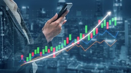 A businessman examines stock market trends on a smartphone amidst a vibrant urban nightscape, showcasing colorful graphs and data overlays, symbolizing financial analysis. Copula - Powered by Adobe
