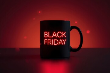 Black friday sale announcement on a dark mug with glowing red neon text perfect for retail promotions