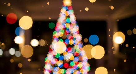 Colorful bokeh effect of Christmas tree lights, featuring red, green, blue, and warm white festive holiday decoration