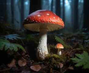 Fototapeta premium Vibrant Red Mushroom and Small Fungal Growth in Misty Forest