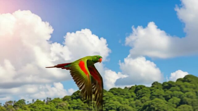 Colorful parrot in flight against a blue sky with clouds