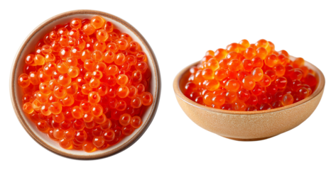 Salmon Roe Ikura in Ceramic Bowls Isolated on Transparent Background