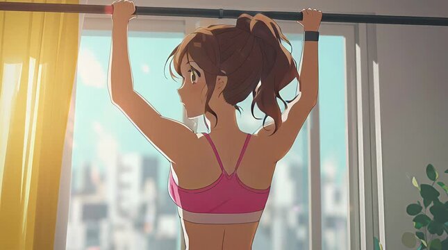 Anime Woman in Sports Bra Doing Pull Up Exercise on Bar at Home in Morning for Fitness	