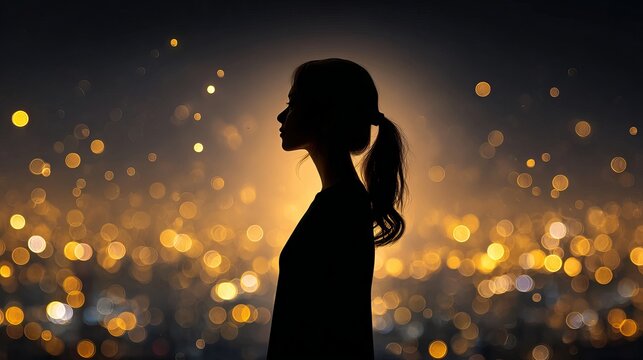Silhouette of a woman against a dreamy urban nightscape with glowing bokeh lights atmospheric city skyline background soft focus cinematic portrait modern lifestyle concept - Powered by Adobe