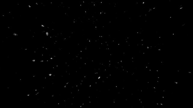 Realistic heavy snow flurry with varied particle sizes falls against isolated black background. For winter storm or blizzard scenes